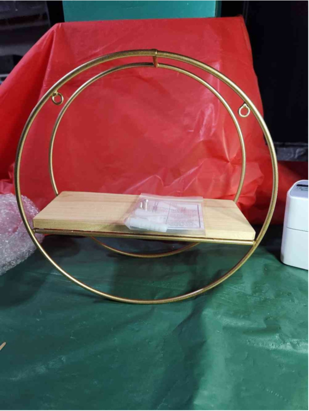 Gold Metal Round Shelf Wood Floating Display Decor